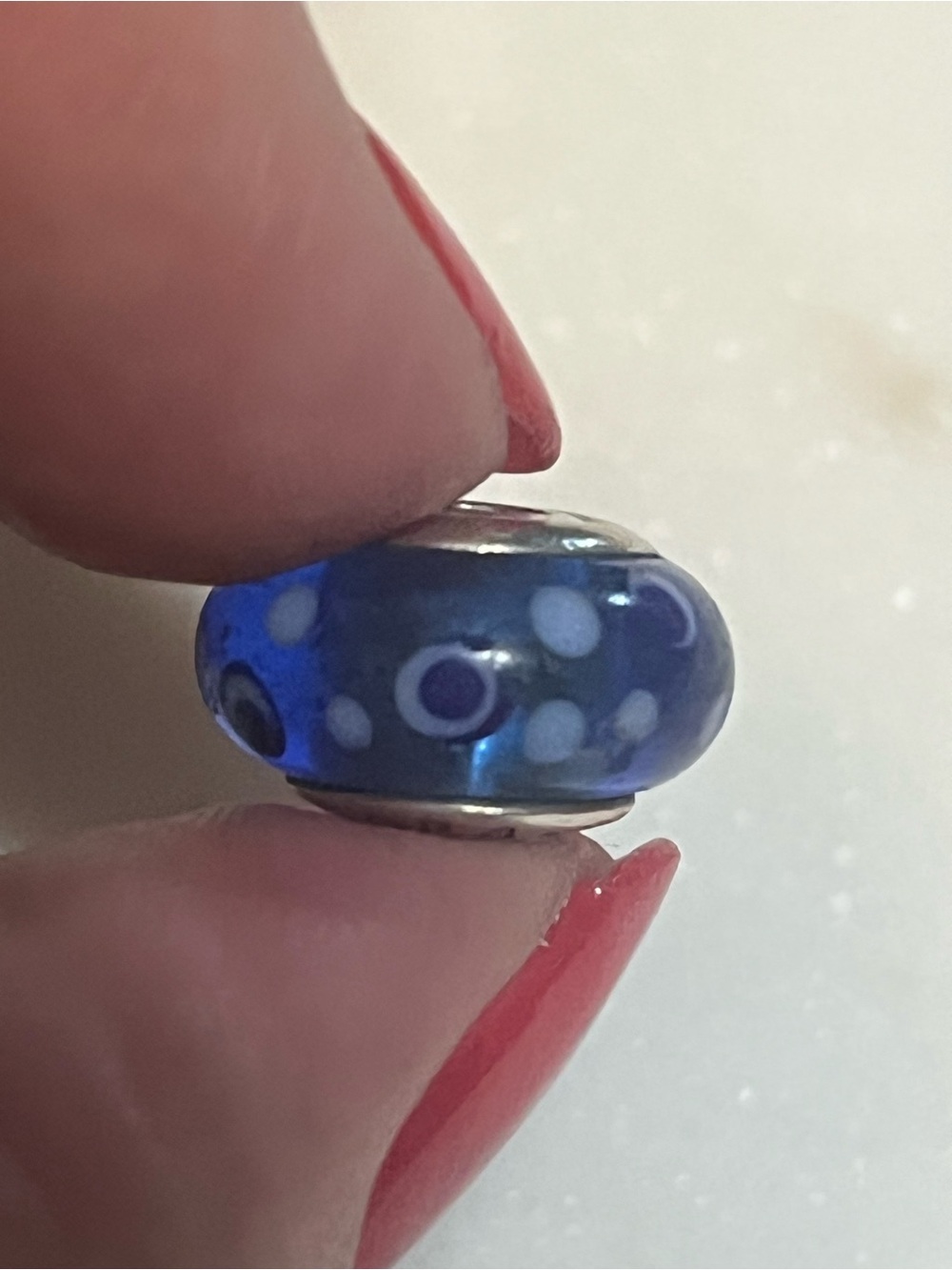 Pandora retired 925 Blue Glass Bead Charm with White Dot Accents. Murano glass.